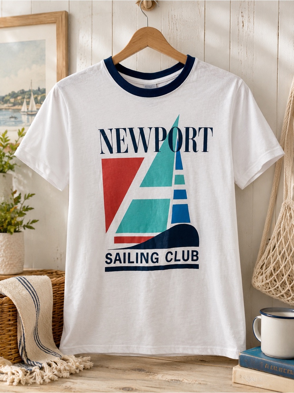 Newport Sailing Club White Graphic Tee with Navy Trim